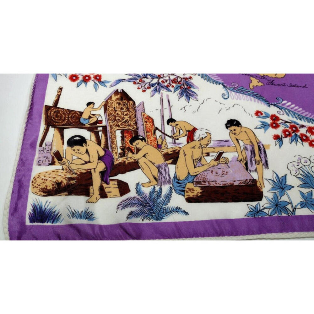 New Zealand Vintage Scarf Lilac Lavender Stunning Scenes PEOPLE FROM THE PAST